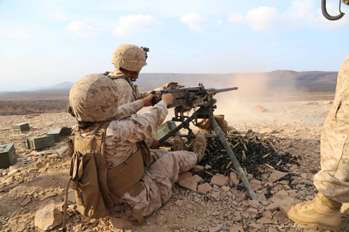 M2 50 Caliber being fired on a tripod