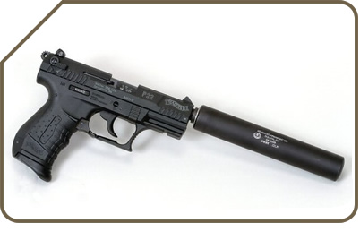 small caliber handgun with suppressor attached